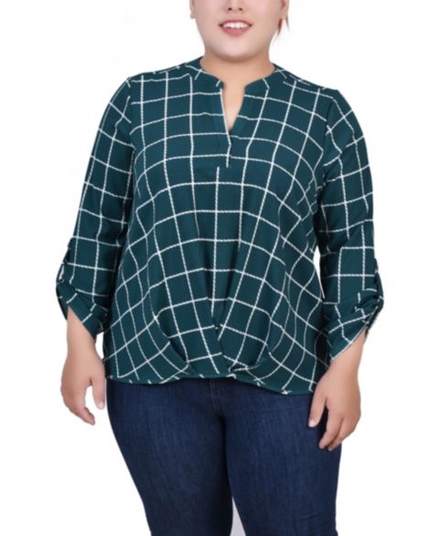 Женская блузка NY Collection Plus Size 3/4 Sleeve Mandarin Collar with Front Pleats, цвет: Зелёный с принтом