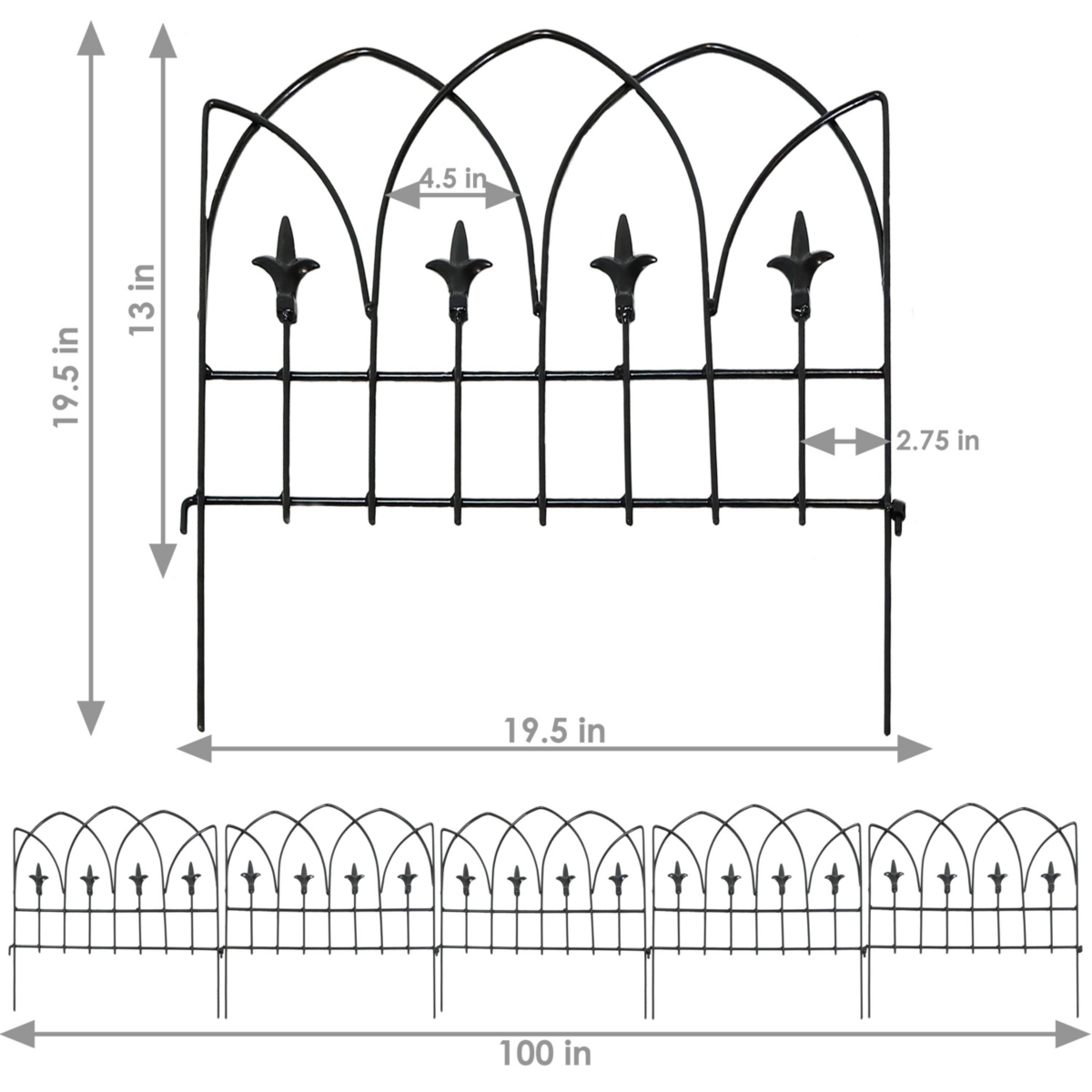 Sunnydaze Decor 5-Piece Bayonne Steel Finial Garden Border Fencing - -- Black