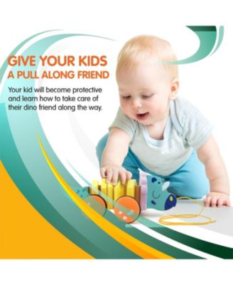 Pull Along Walking Triceratops Wooden Toy for Boys and Girls