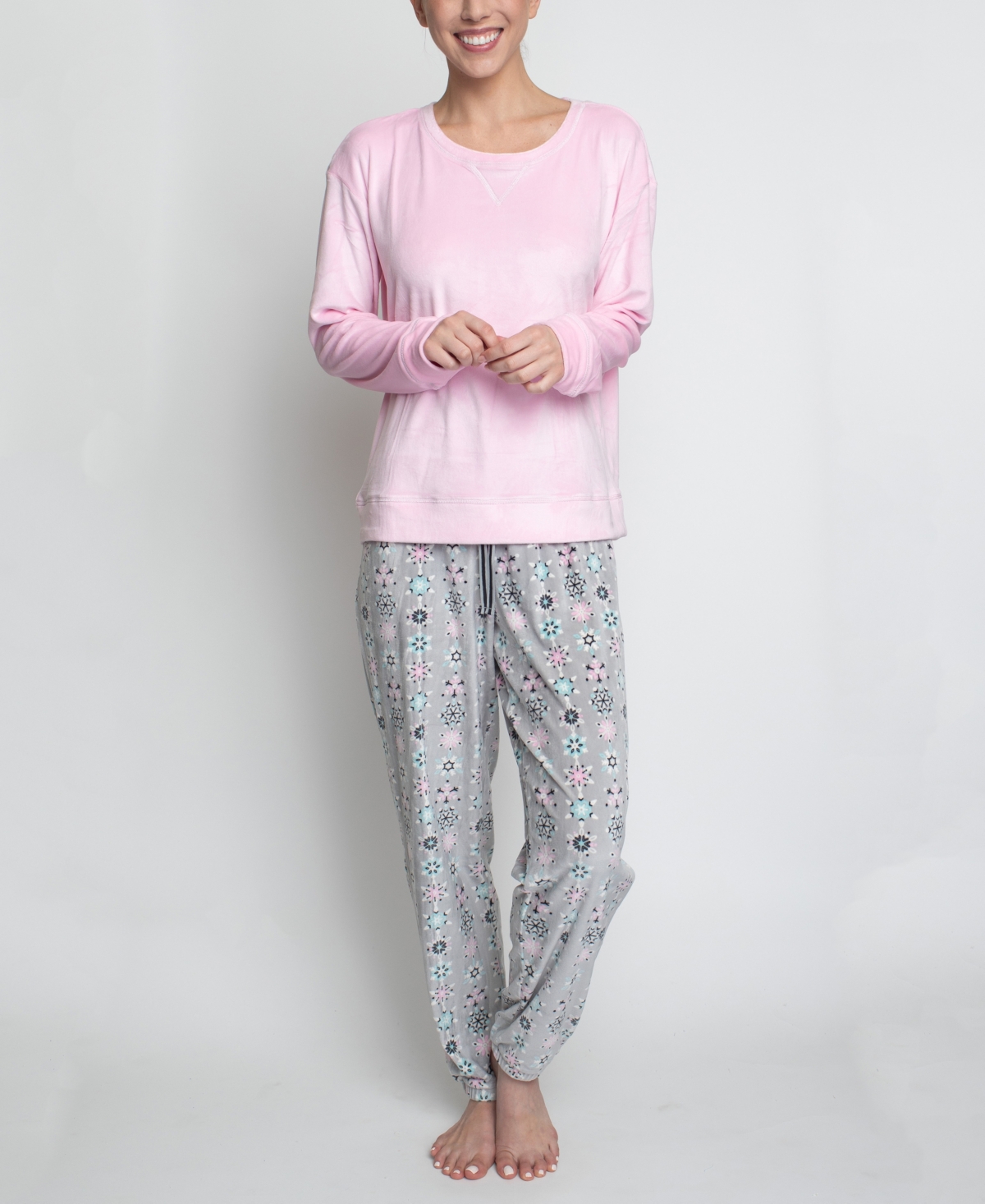 Women's Silky Velour Long Sleeve Top and Jog Style Pant Pajama Set, 2 Piece - Pink