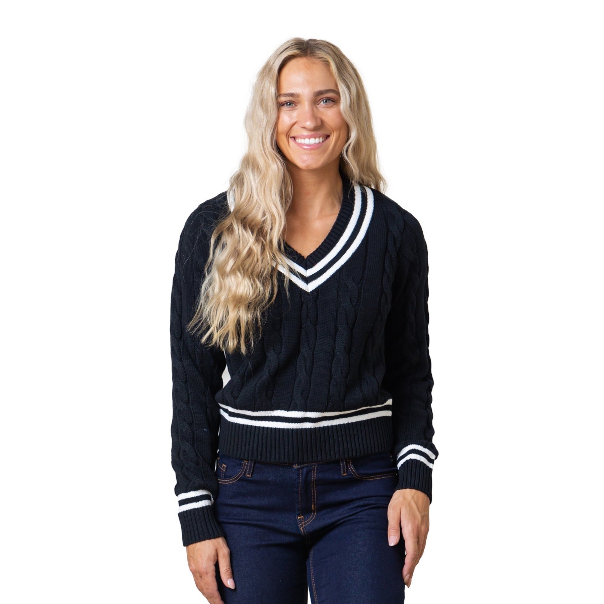 Women's Long Sleeve V-Neck Cricket Sweater - Black Cable With White