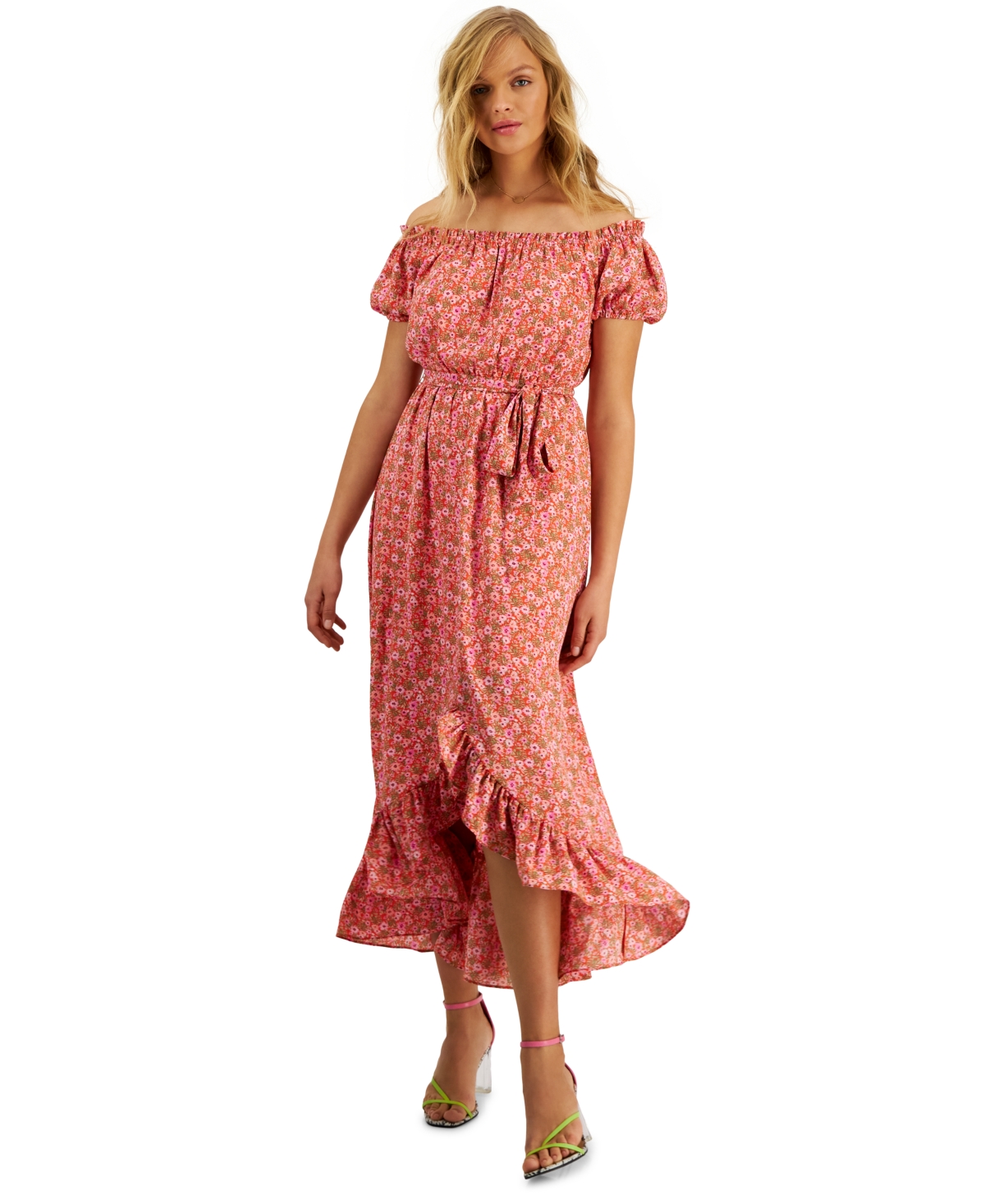 Bar Iii Women's Off-the-shoulder Printed Puff-sleeve Maxi Dress, Created For Macy's In Bright Cherry Multi