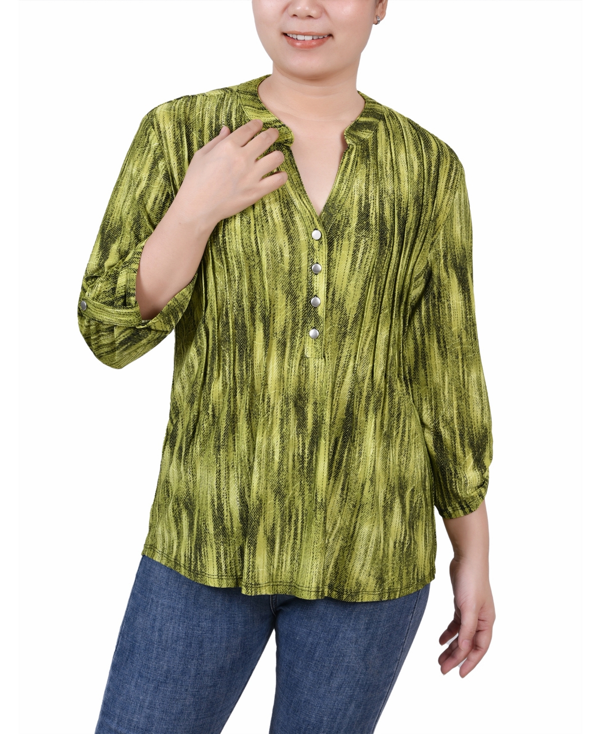 Ny Collection Women's 3/4 Roll Tab Sleeve Y-neck Top In Chartreuse