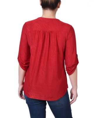 Women's 3/4 Roll Tab Zip Front Jacquard Knit Top