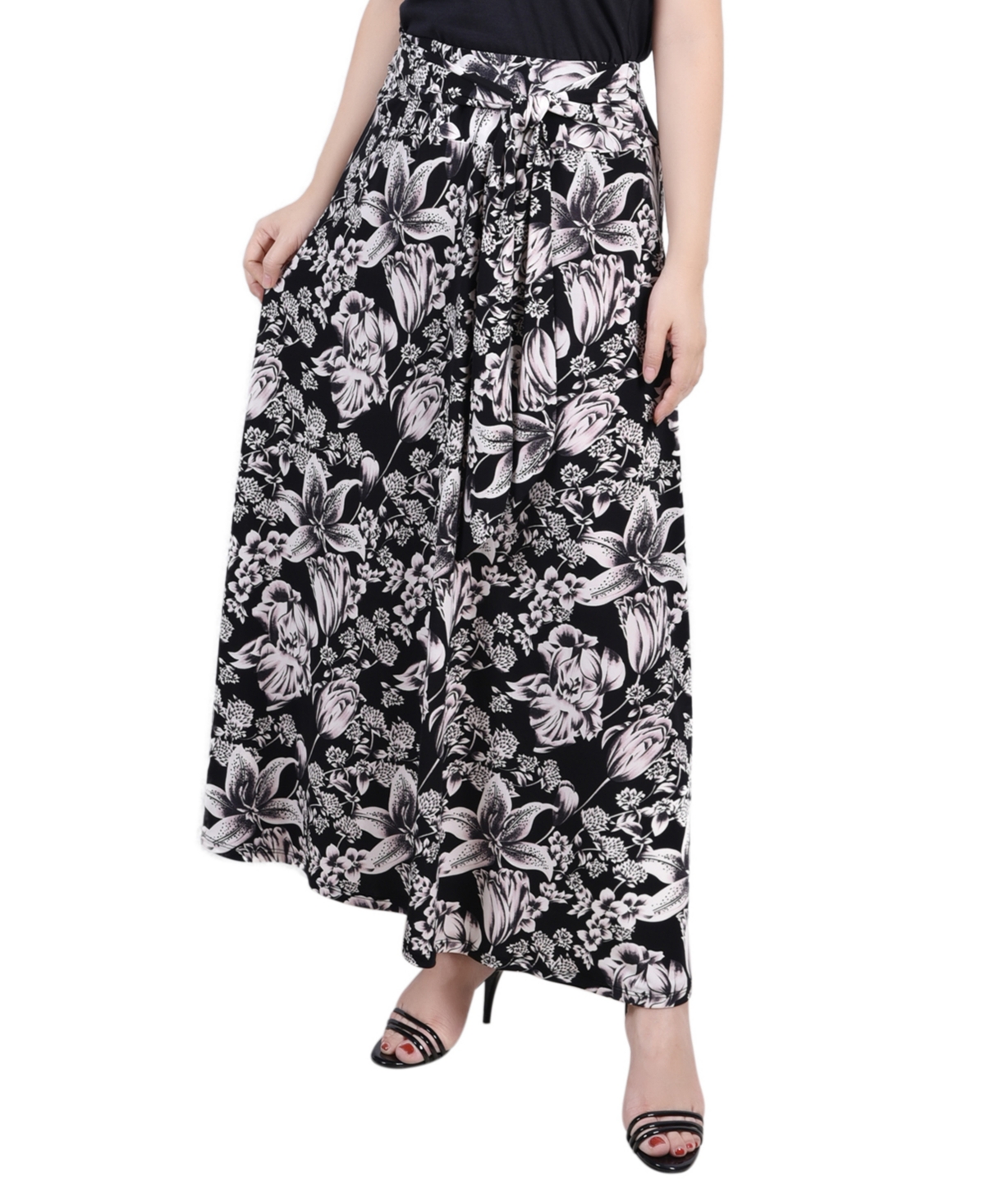 Ny Collection Petite Maxi Skirt With Sash Waist Tie In Black White Floral