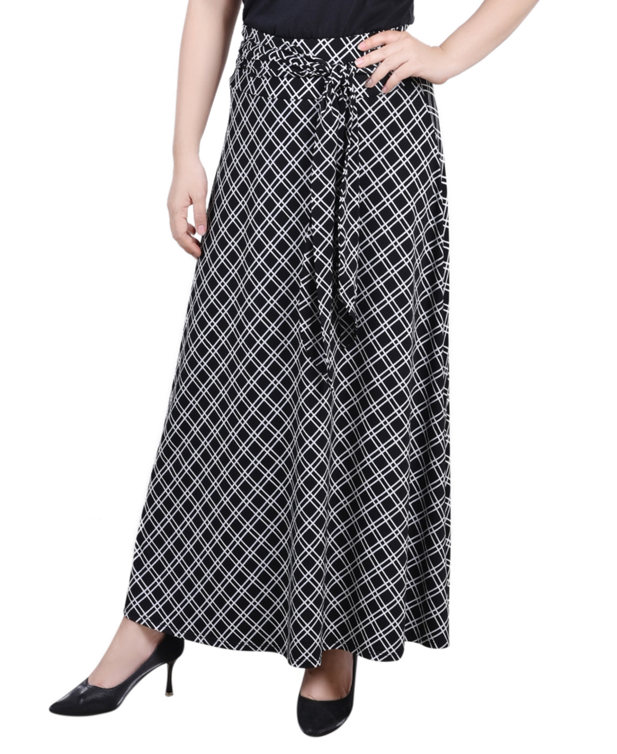 Ny Collection Petite Maxi Skirt With Sash Waist Tie In Black White Diamond