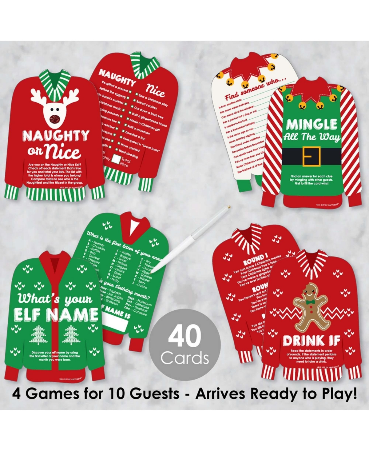 Big Dot of Happiness Ugly Sweater - 4 Christmas Party Games - 10 Cards Each - Gamerific Bundle