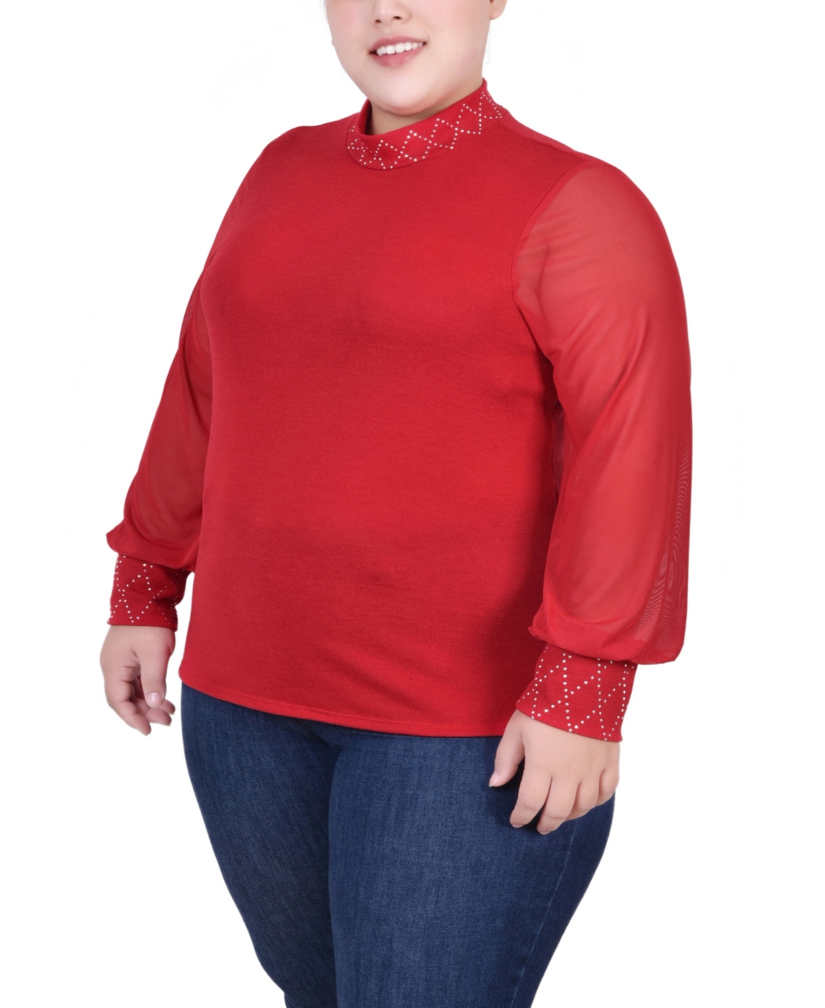 Ny Collection Plus Size Long Mesh Sleeve Pullover Top with Jewels