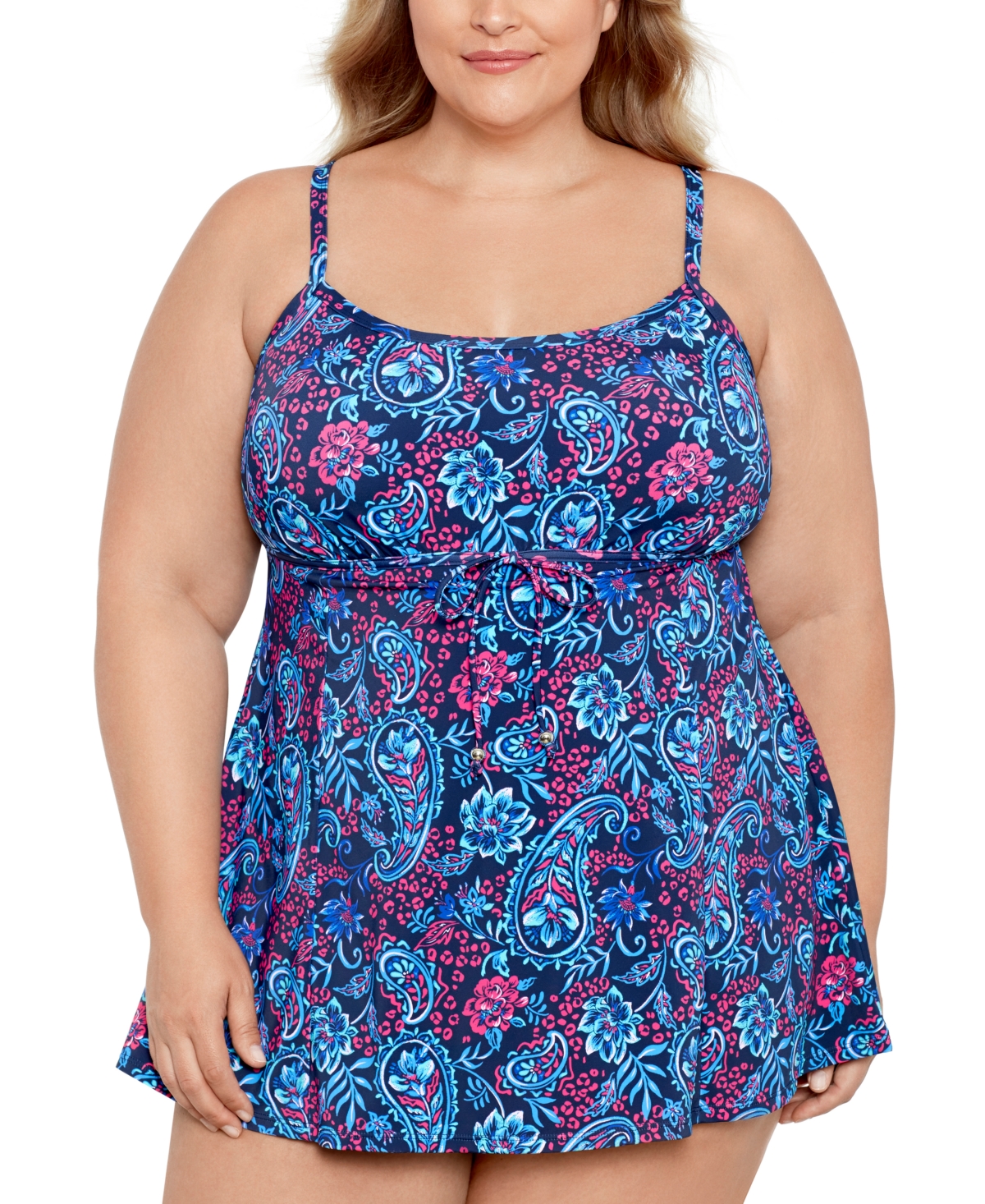 Swim Solutions Plus Size Tummy Control Printed Tie-waist Swim Dress, Created For Macy's In Spring Fling