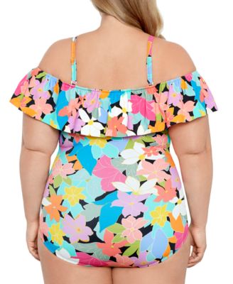 Plus Size Tummy Control Off-The-Shoulder Ruffled Swimsuit, Created For Macy's