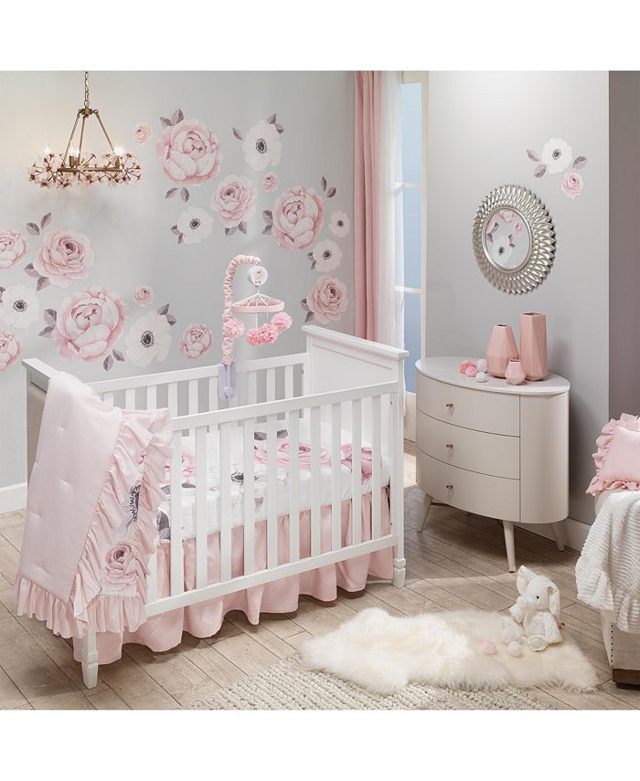 Lambs & Ivy Floral Garden Pink Linen Shirred Crib Skirt/Dust Ruffle