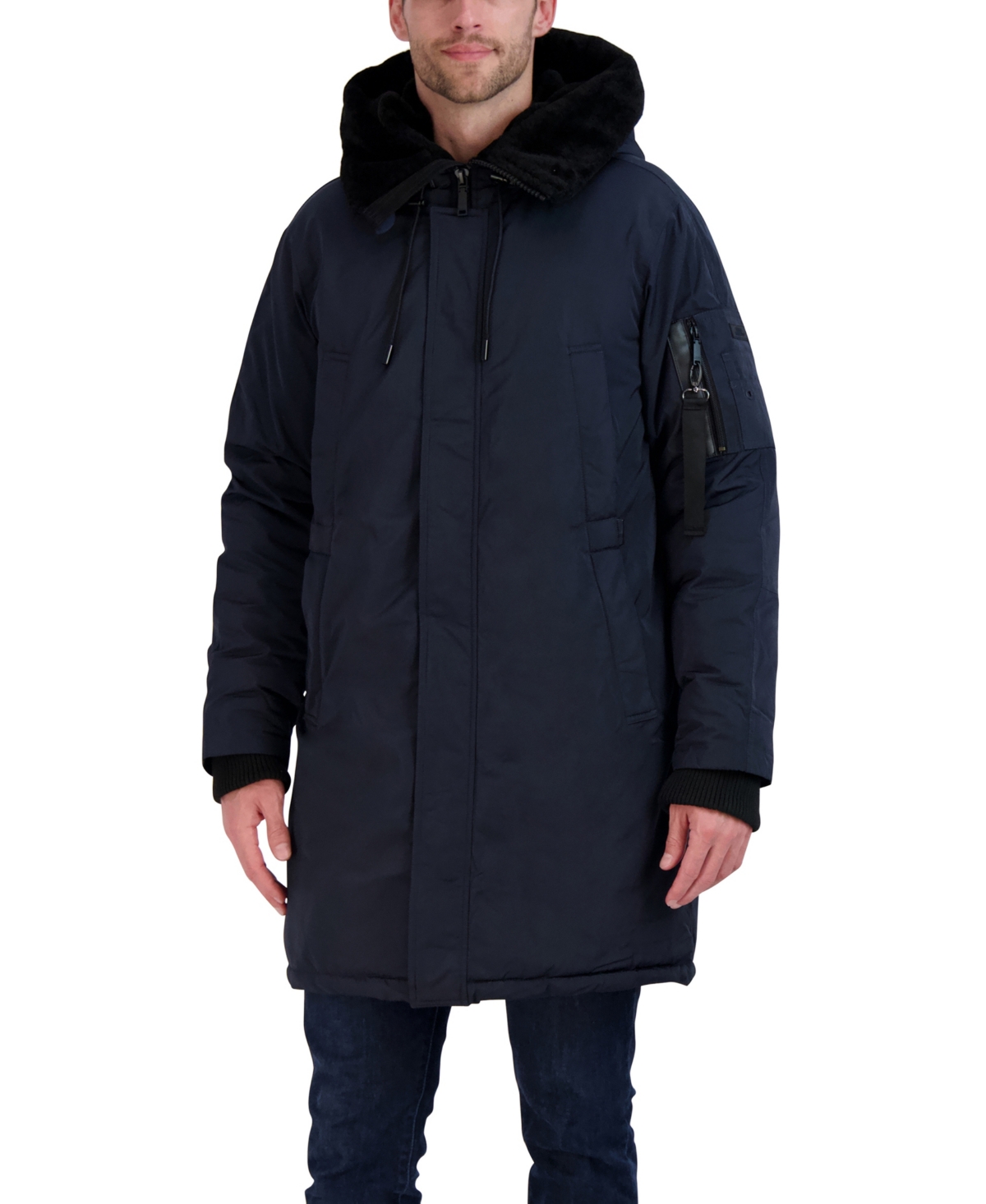 Men's Long Parka with Faux Fur Lined Hood - Navy