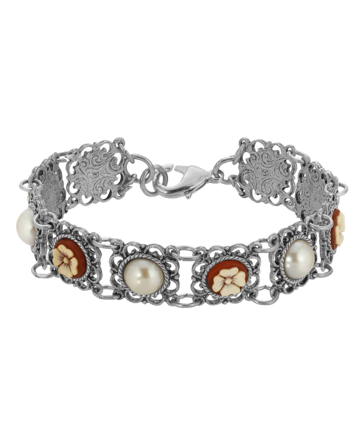 2028 Pewter Round Cornalian Cameo And Cultura Imitated Pearl Bracelet In Orange