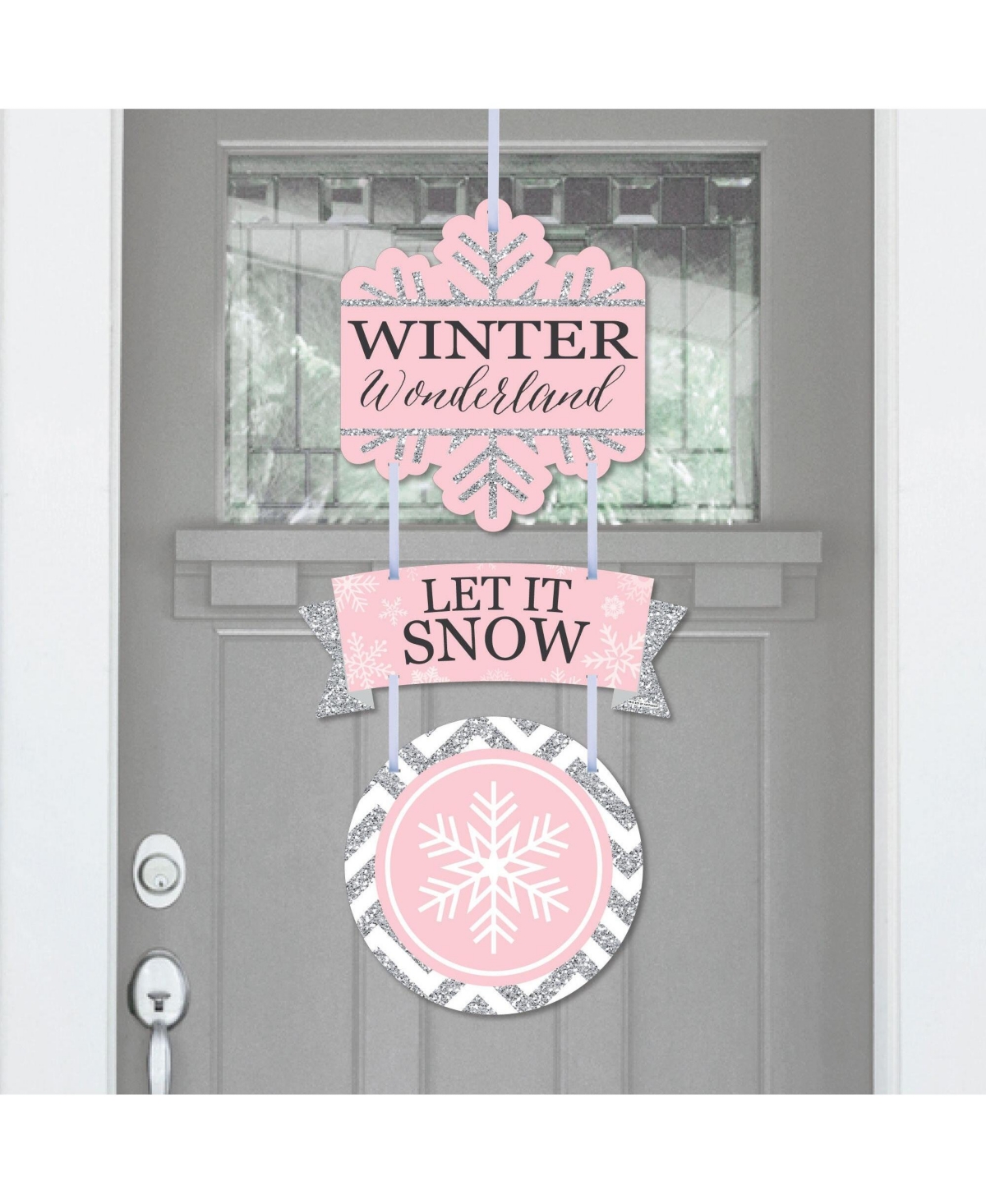 Pink Winter Wonderland - Hanging Snowflake Outdoor Front Door Decor - 3 Pc Sign