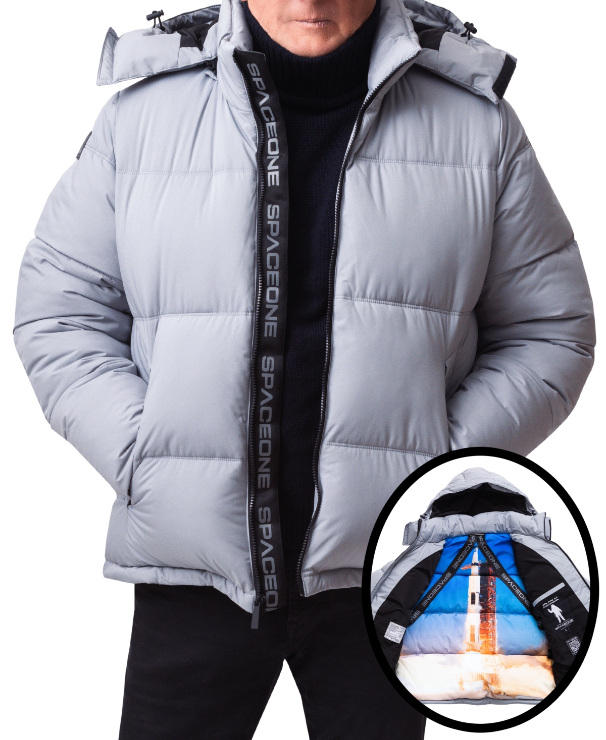 Space One Men's Nasa Inspired Hooded Puffer Jacket With Printed Astronaut Interior In Gray