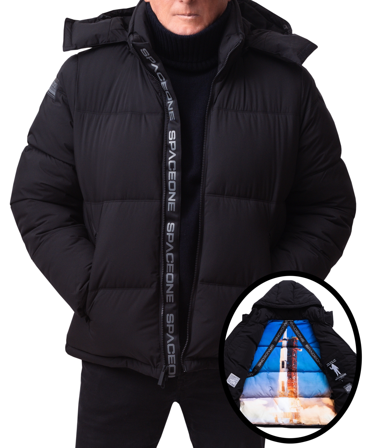 Space One Men's Nasa Inspired Hooded Puffer Jacket With Printed Astronaut Interior In Black