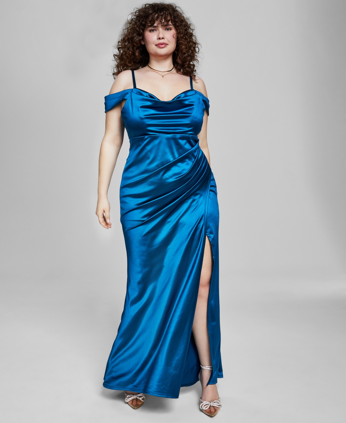 B Darlin Trendy Plus Size Off-the-shoulder Satin Gown In Lagoon