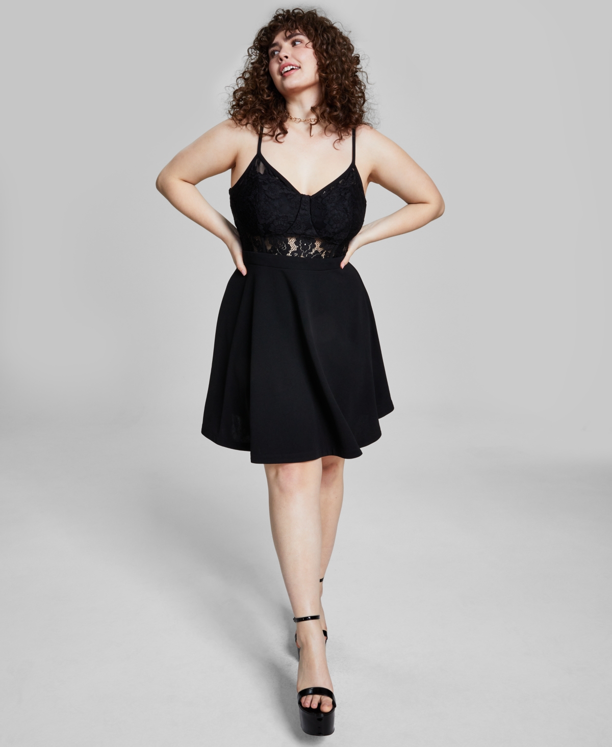 City Studios Trendy Plus Size Lace-corset Scuba Dress In Black
