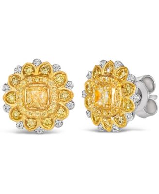 Sunny Yellow Diamond (5/8 Vanilla Diamond Accent Starflower  Earrings in Platinum 14K Gold