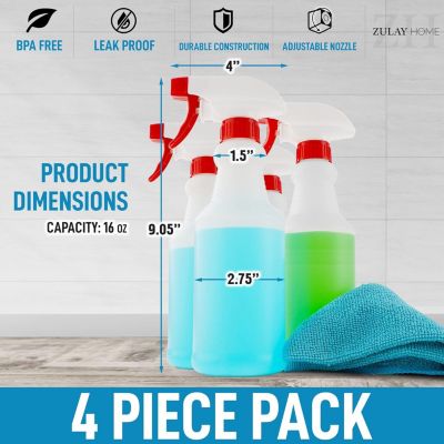 4 Pc. Cleaning Spray Bottles With Adjustable Nozzle & Spring Loaded Trigger