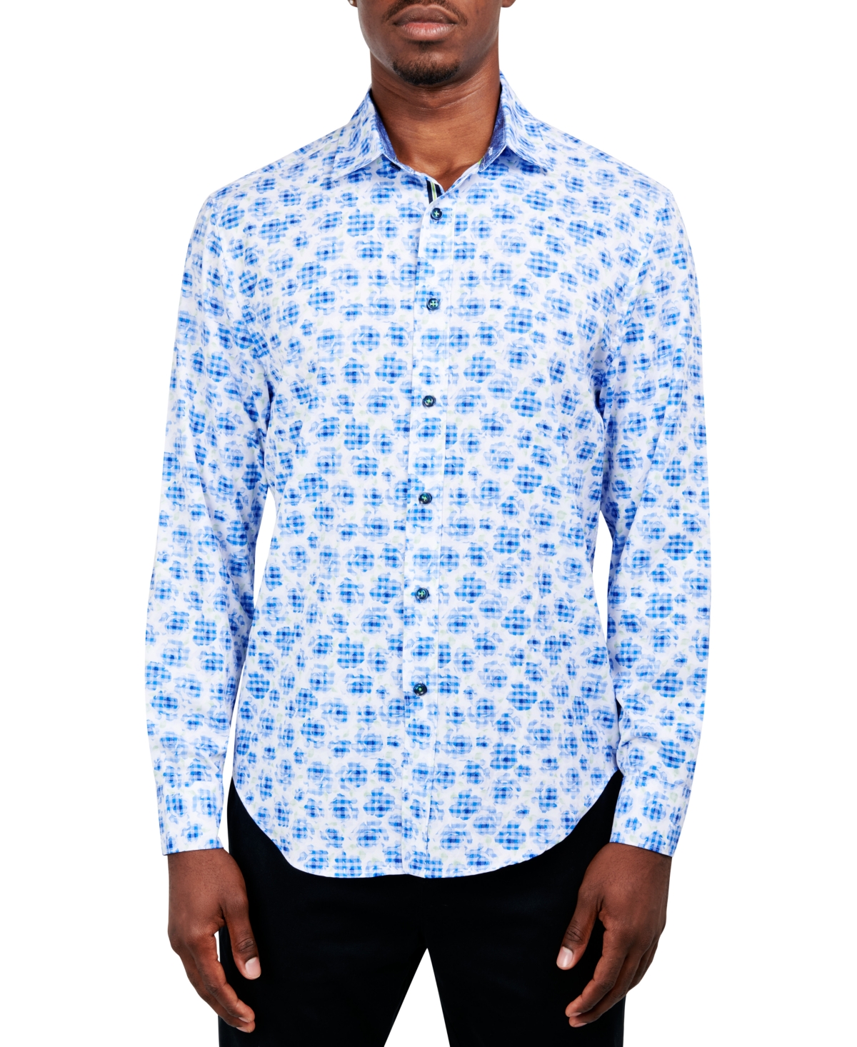 Society Of Threads Men's Slim-fit Performance Stretch Abstract Floral/gingham Long-sleeve Button-down Shirt In White,blue