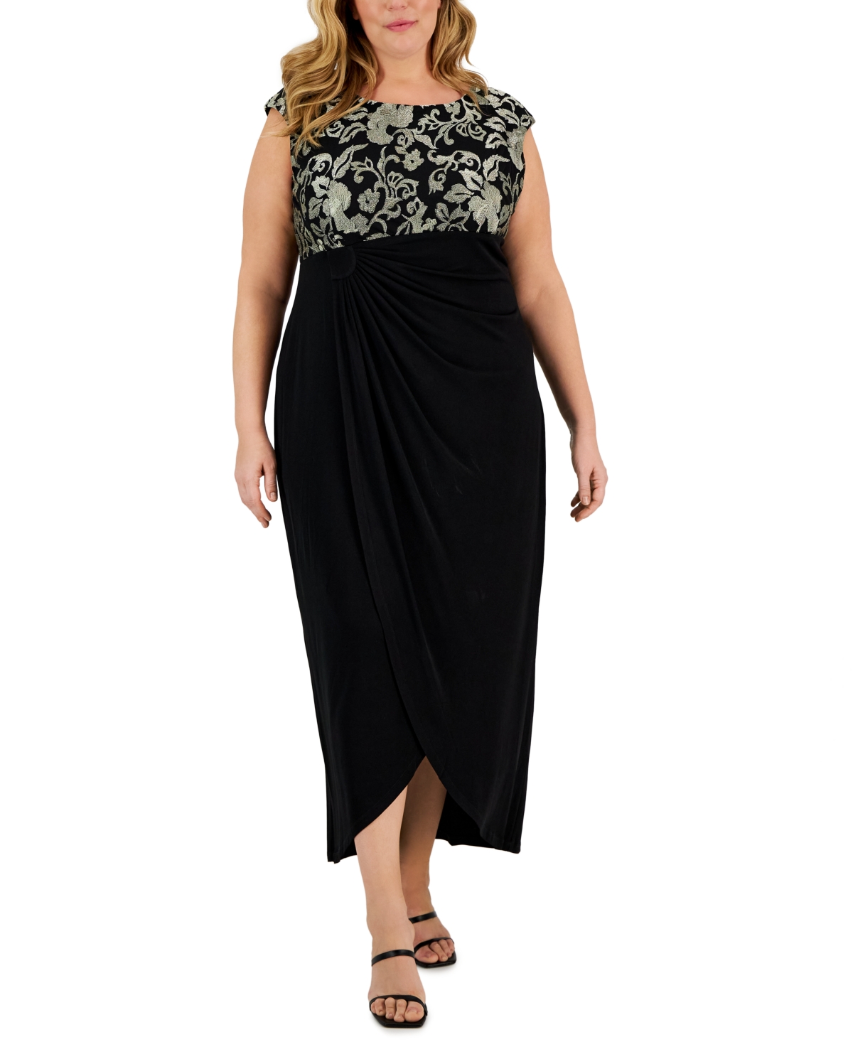 Connected Plus Size Embroidered Gathered-Waist Gown