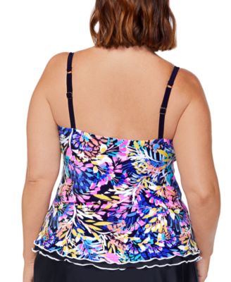 Island Escape Plus Size Printed Mariposa Lettuce-Edge Underwire Bandini Swim Top, Created for Macy's