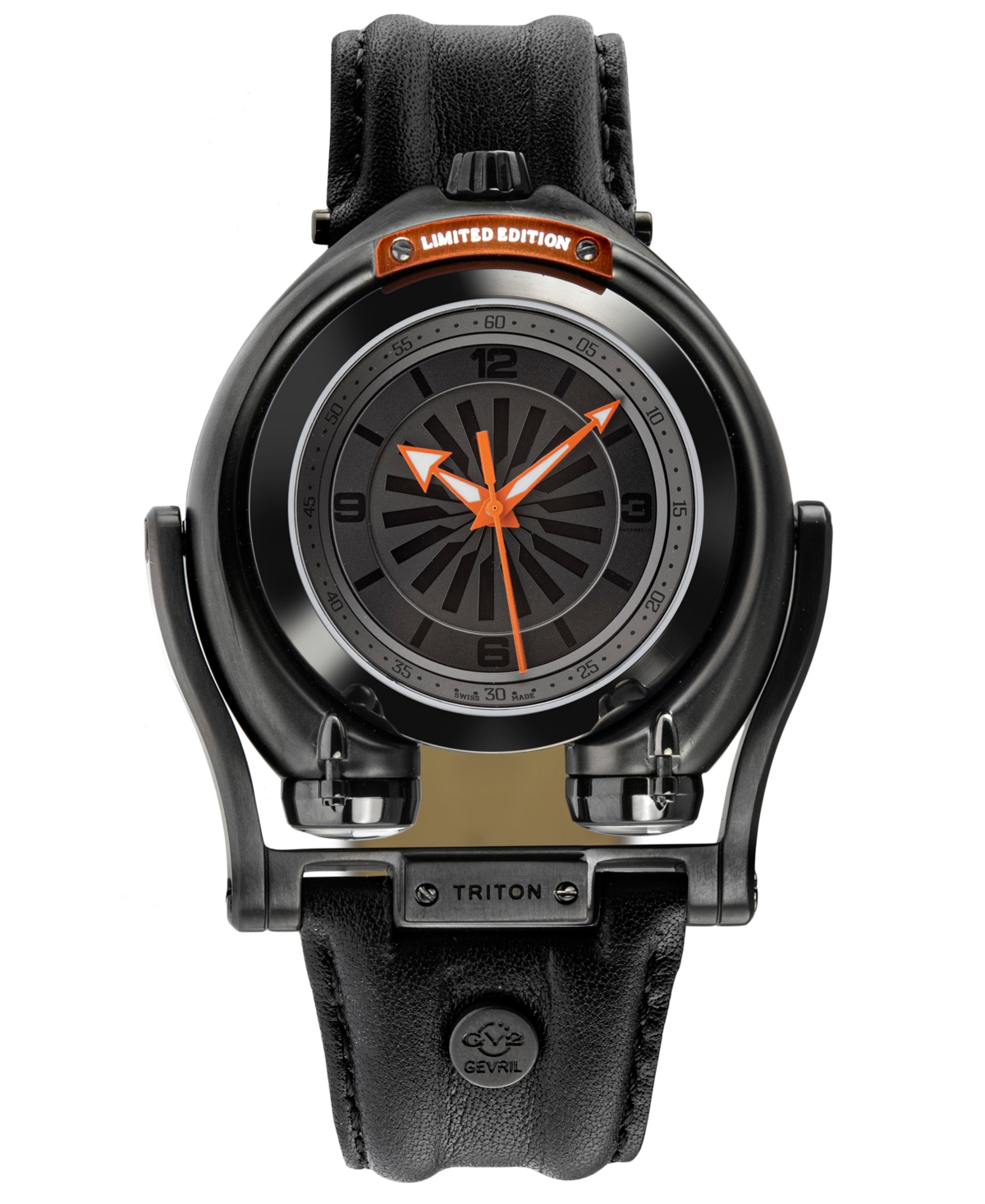 Men's Triton Automatic Black Genuine Leather Strap Watch 49mm - Silver