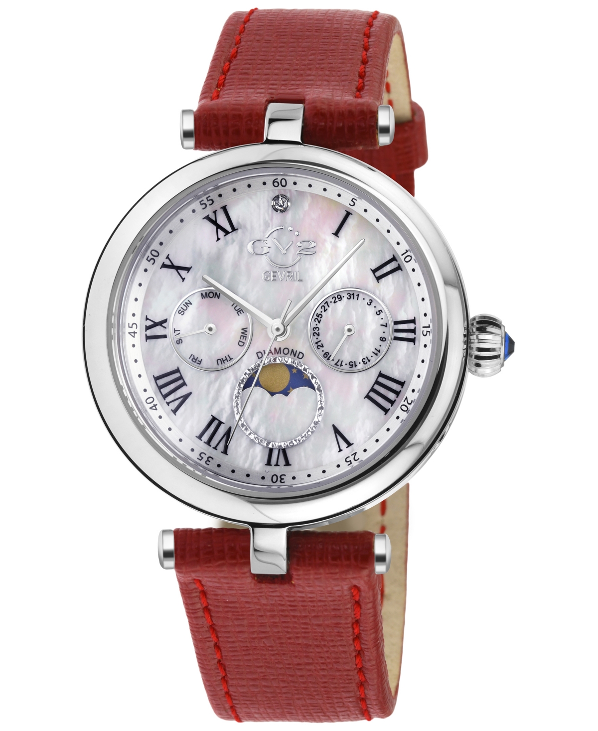 Gv2 By Gevril Women's Florence Swiss Quartz Diamond Accents Red Handmade Italian Leather Strap Watch 36mm In Silver
