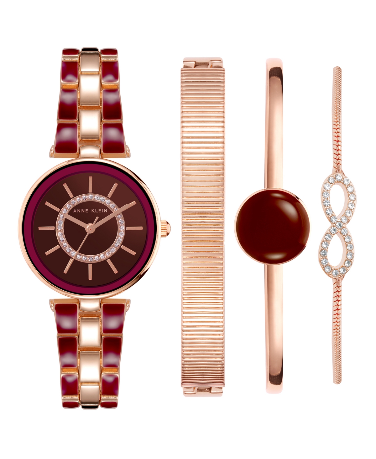 Anne Klein Women's Rose Gold-tone Alloy Bracelet With Burgundy Enamel And Crystal Accents Fashion Watch 34mm Se In Rose Gold-tone,burgundy