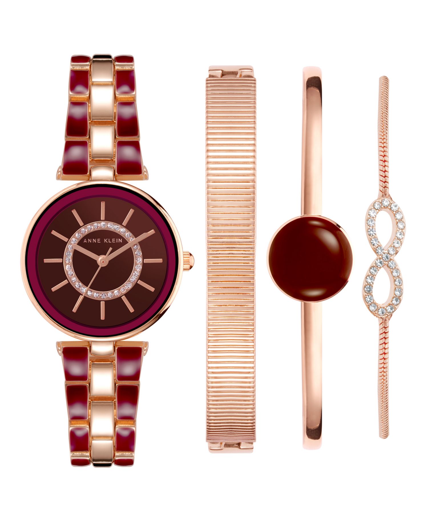 Women's Rose Gold-Tone Alloy Bracelet with Burgundy Enamel and Crystal Accents Fashion Watch 34mm Set 4 Pieces