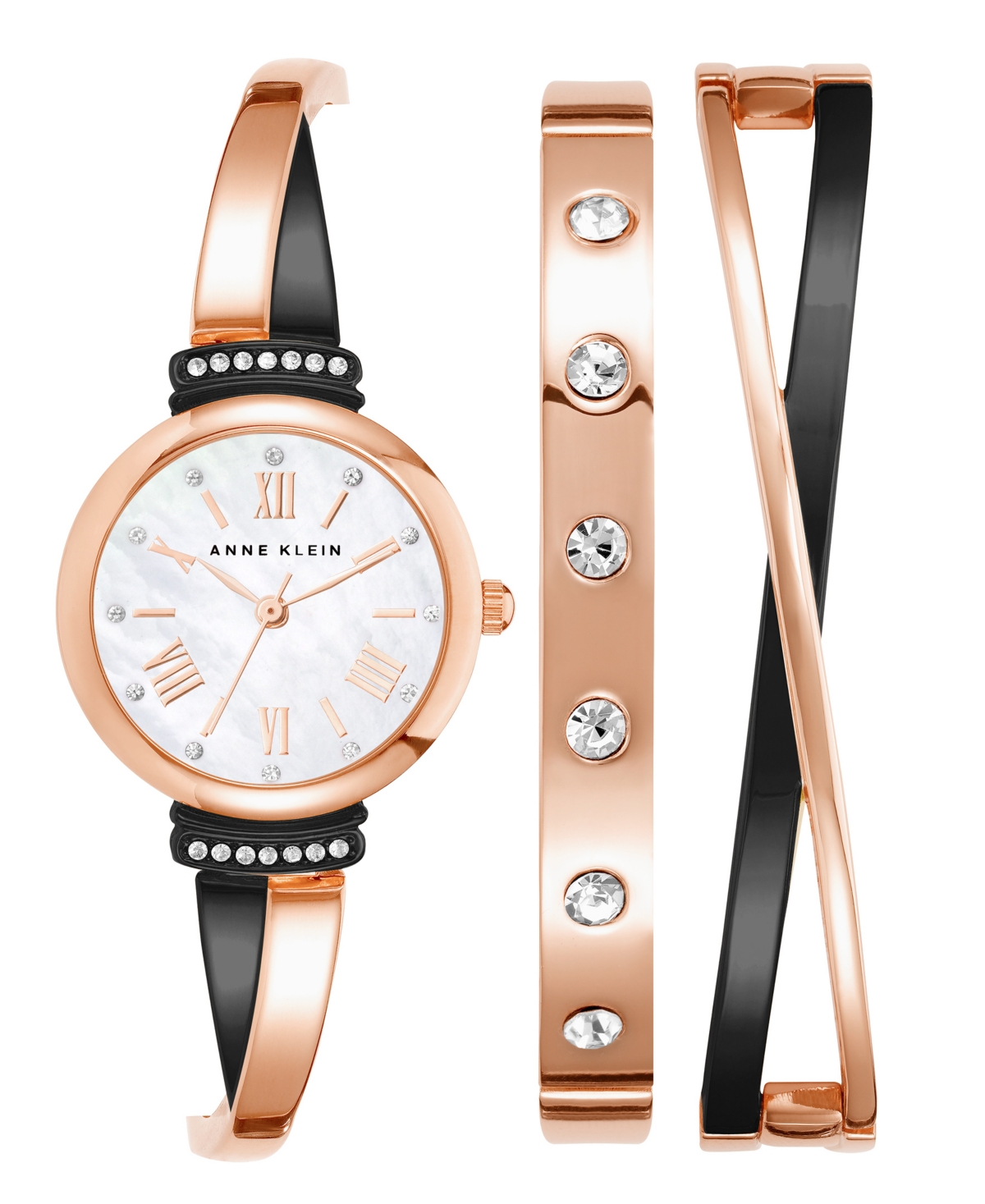 Anne Klein Women's Rose Gold-tone And Black Alloy Bangle With Crystal Accents Fashion Watch 33mm Set 3 Pieces In Rose Gold-tone,black