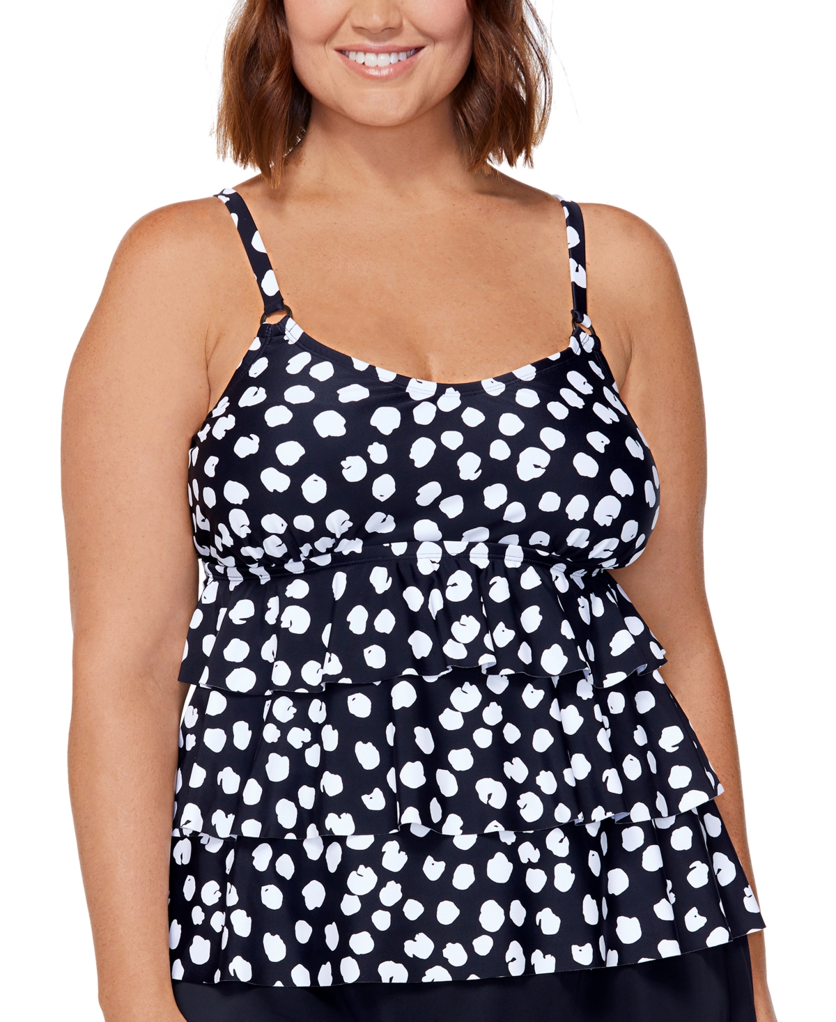 Island Escape Plus Size Printed Triple-Tiered Underwire Tankini Swim Top, Created for Macy's Women's Swimsuit
