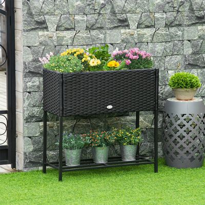PE Rattan Outdoor Raised Flower Garden Planter Bed w/ Shelf, Brown