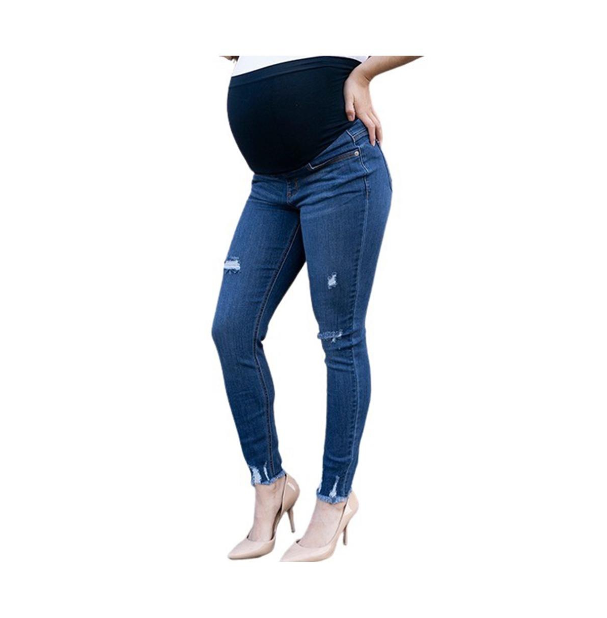 Raw Hem Destructed Maternity Jean - Blue