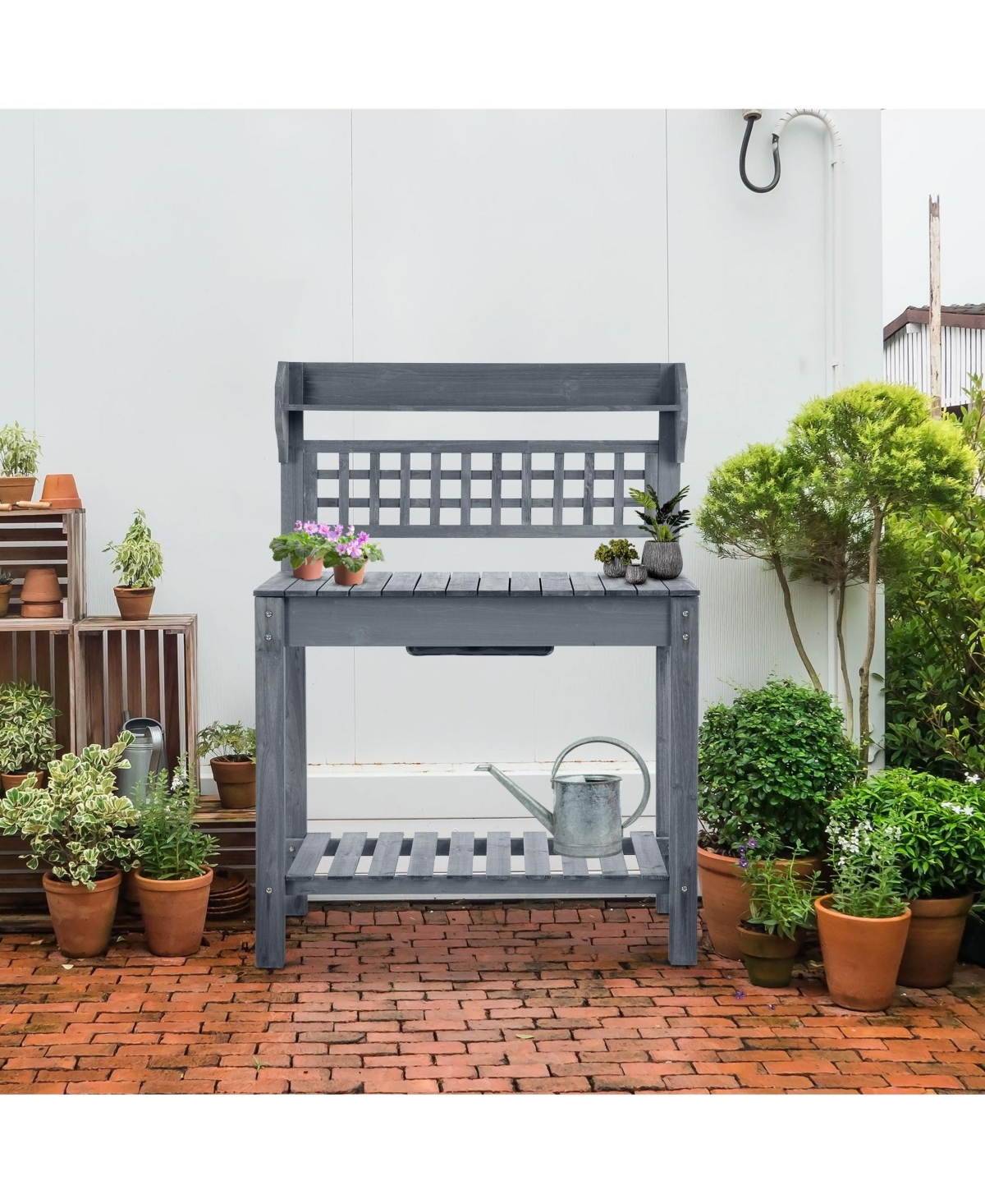 Wooden Outdoor Potting Bench with Sink Basin & Clapboard, Natural