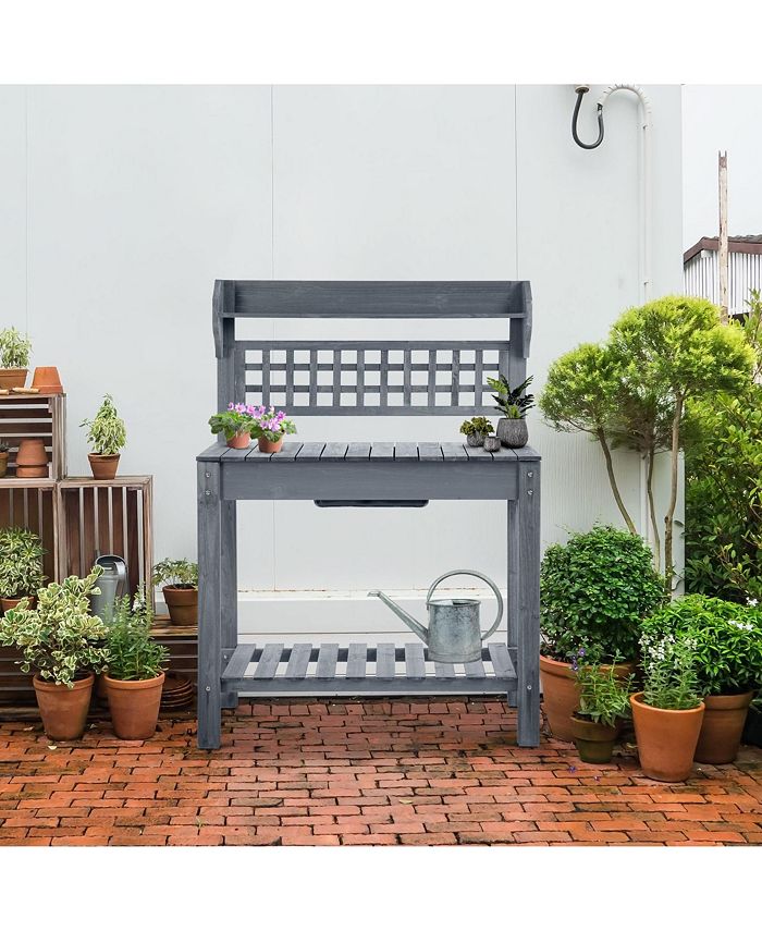 Outsunny Wooden Outdoor Potting Bench with Sink Basin & Clapboard