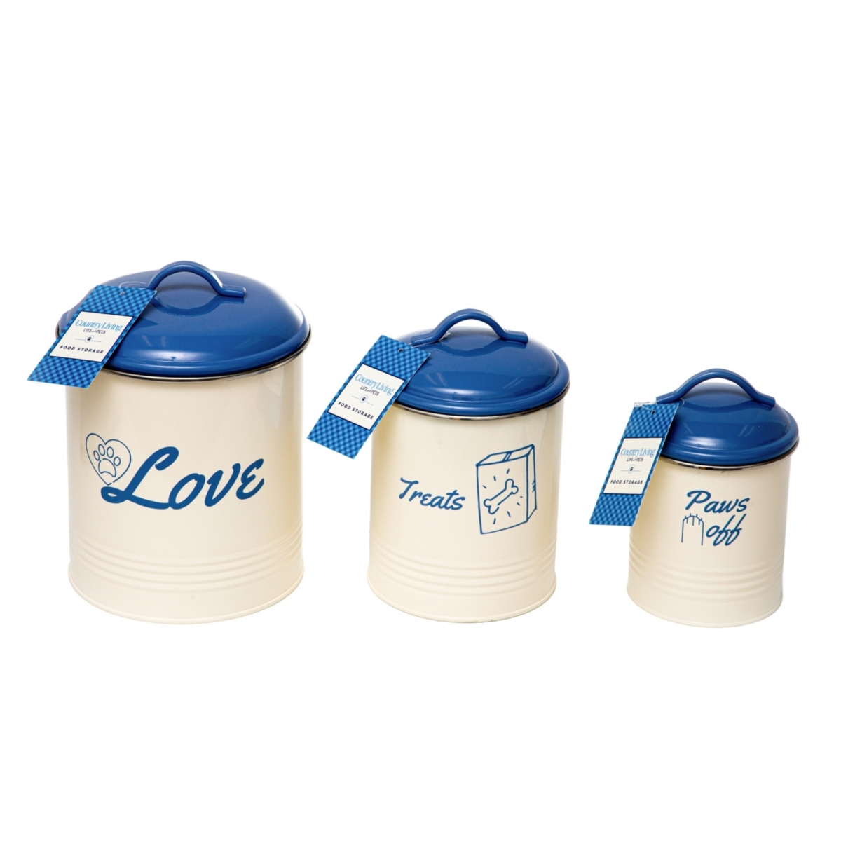 Country Living Set of 3 French Blue & Cream Pet Treat Storage Canisters - Assorted Pre-pack