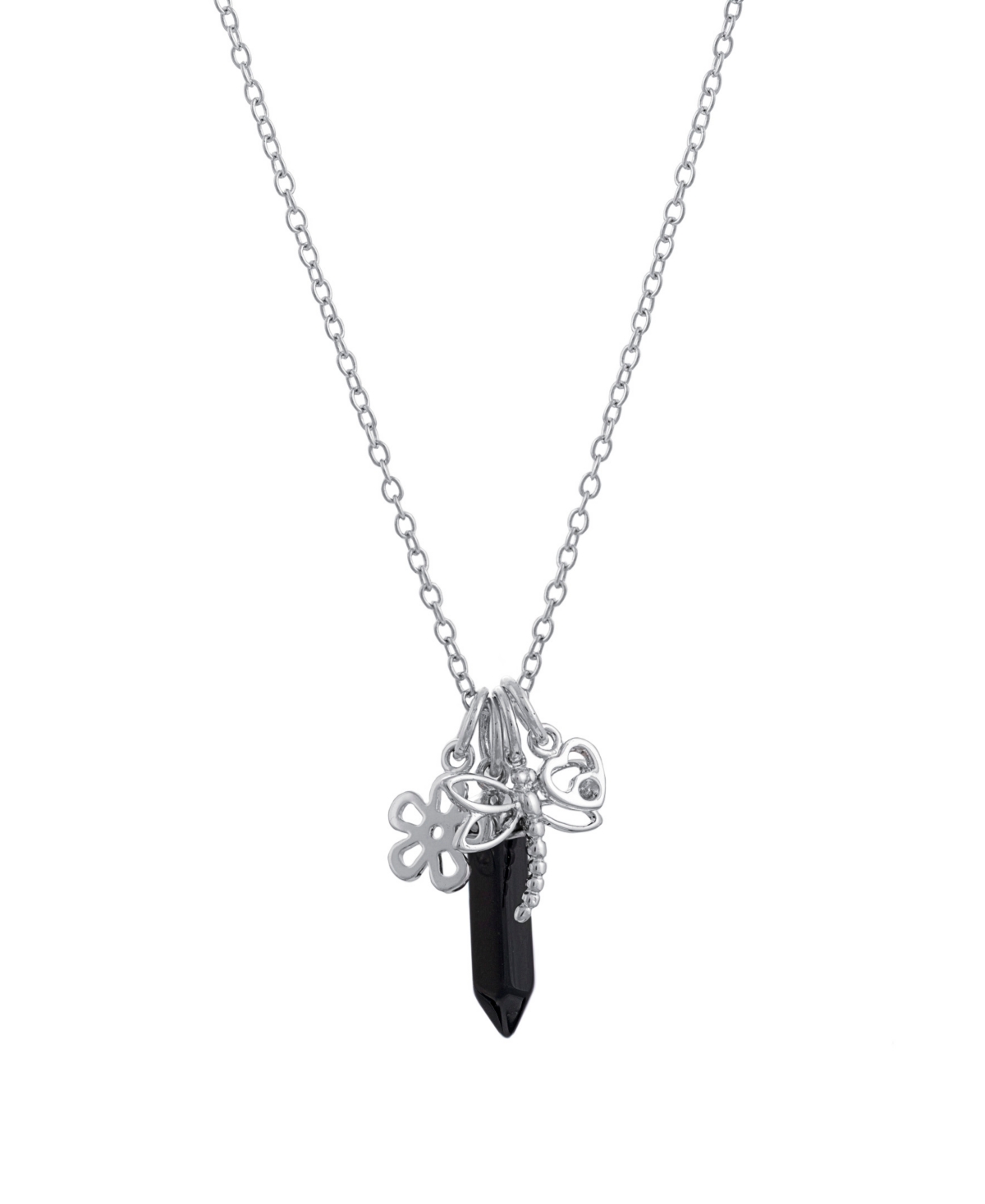 Macy's Black Agate Stone Charm Necklace In Fine Silver Plated Brass
