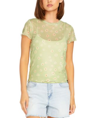 Volcom - Juniors' Cryptogram Mesh-Overlay Cap-Sleeve Top