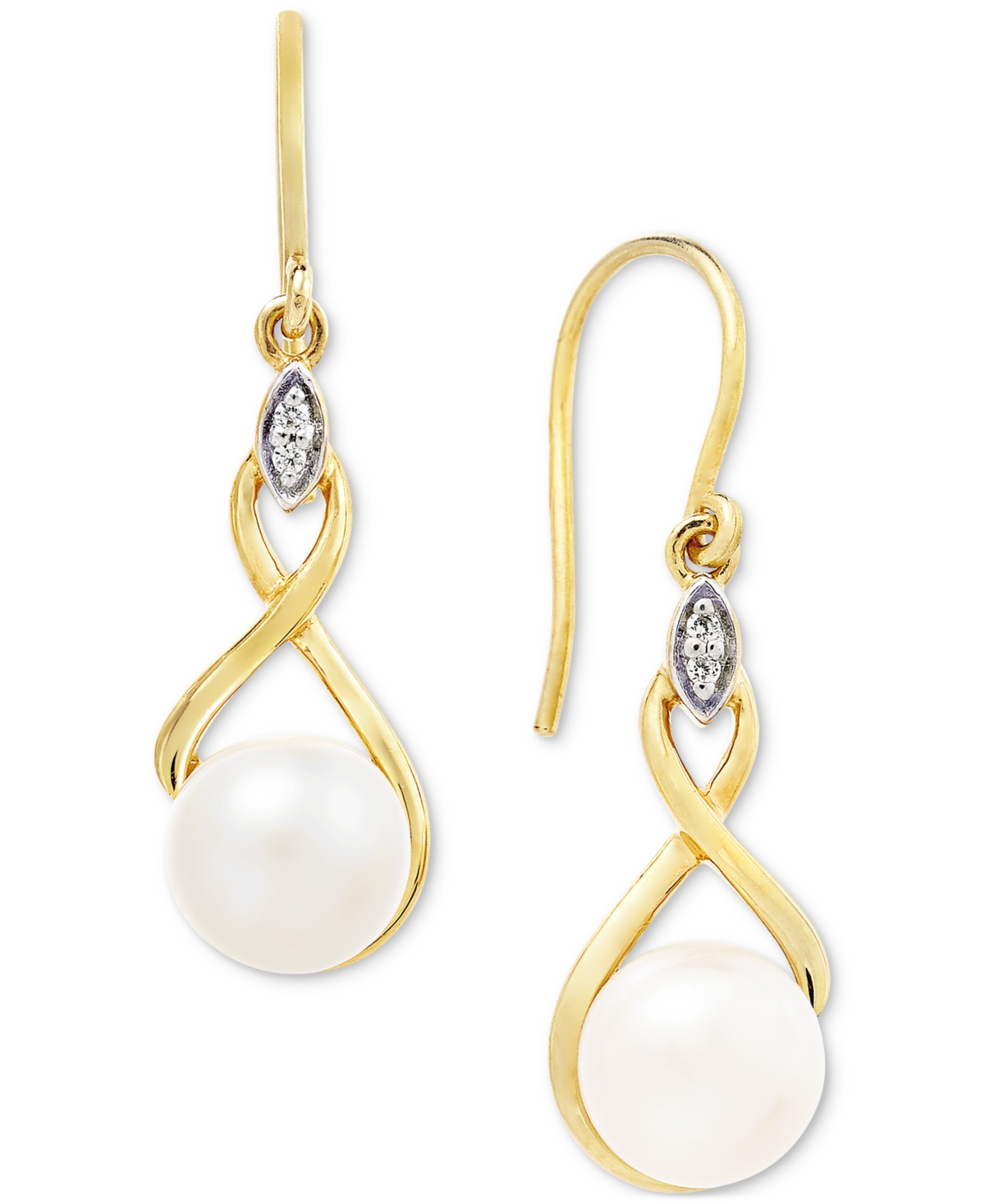 Macy's Cultured Freshwater Pearl (7mm) & Cubic Zirconia Drop Earrings In 14k Two-tone Gold-plated Sterling In Gold Over Silver