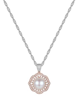 Macy's - Cultured Freshwater Pearl (9mm) & Diamond (1/2 ct. t.w.) 18" Pendant Necklace in 10k Rose & White Gold