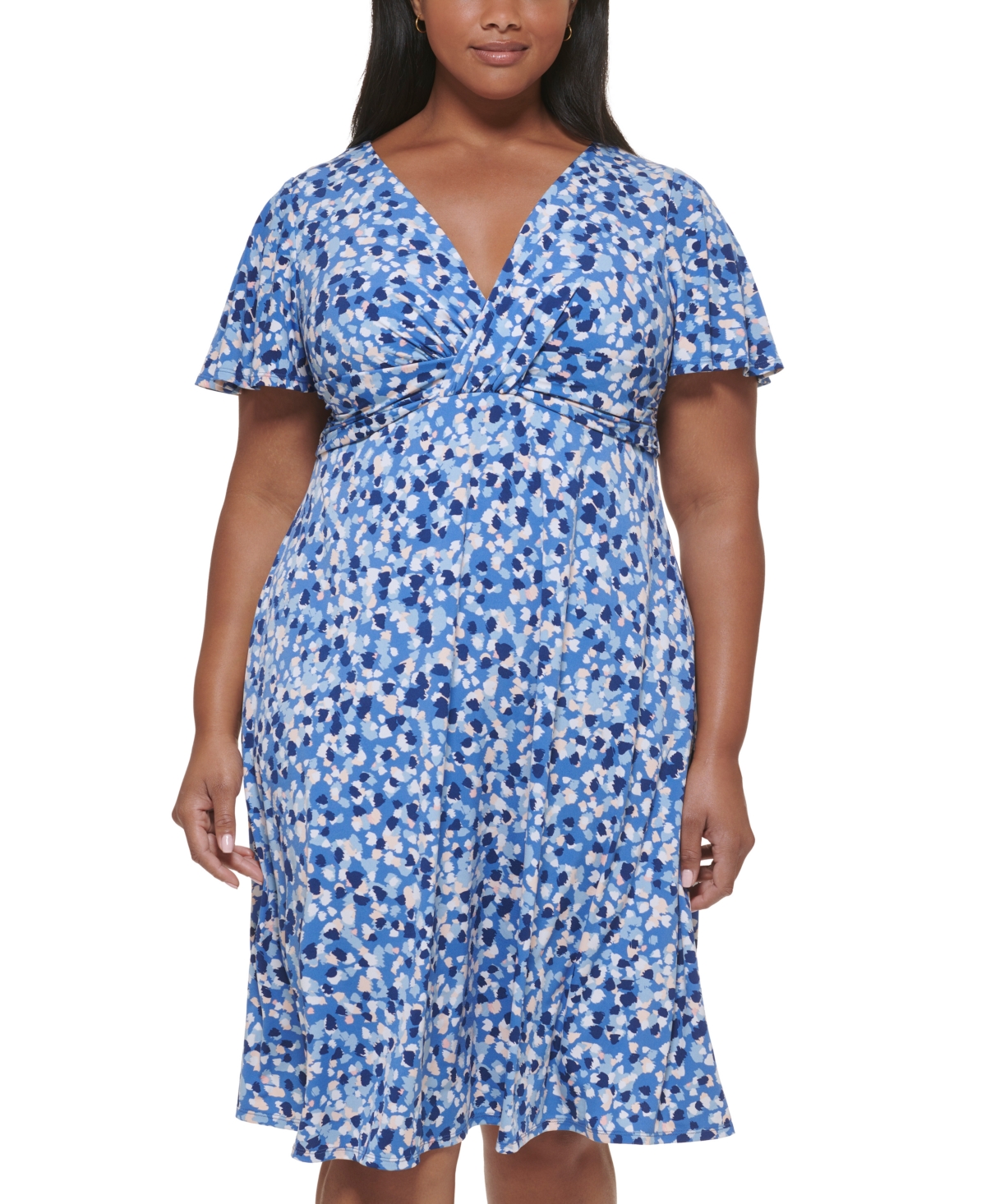 Plus Size Printed V-Neck Short-Sleeve Dress - Denim Multi