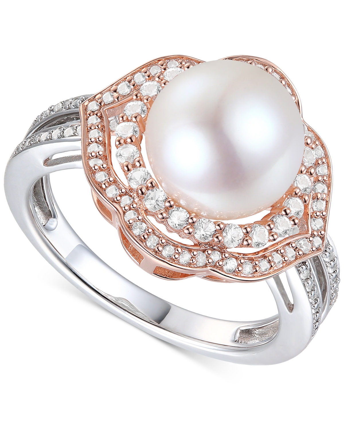 Macy's Cultured Freshwater Pearl (9mm) & Diamond (1/2 Ct. T.w.) Ring In 10k Rose & White Gold In Two Tone
