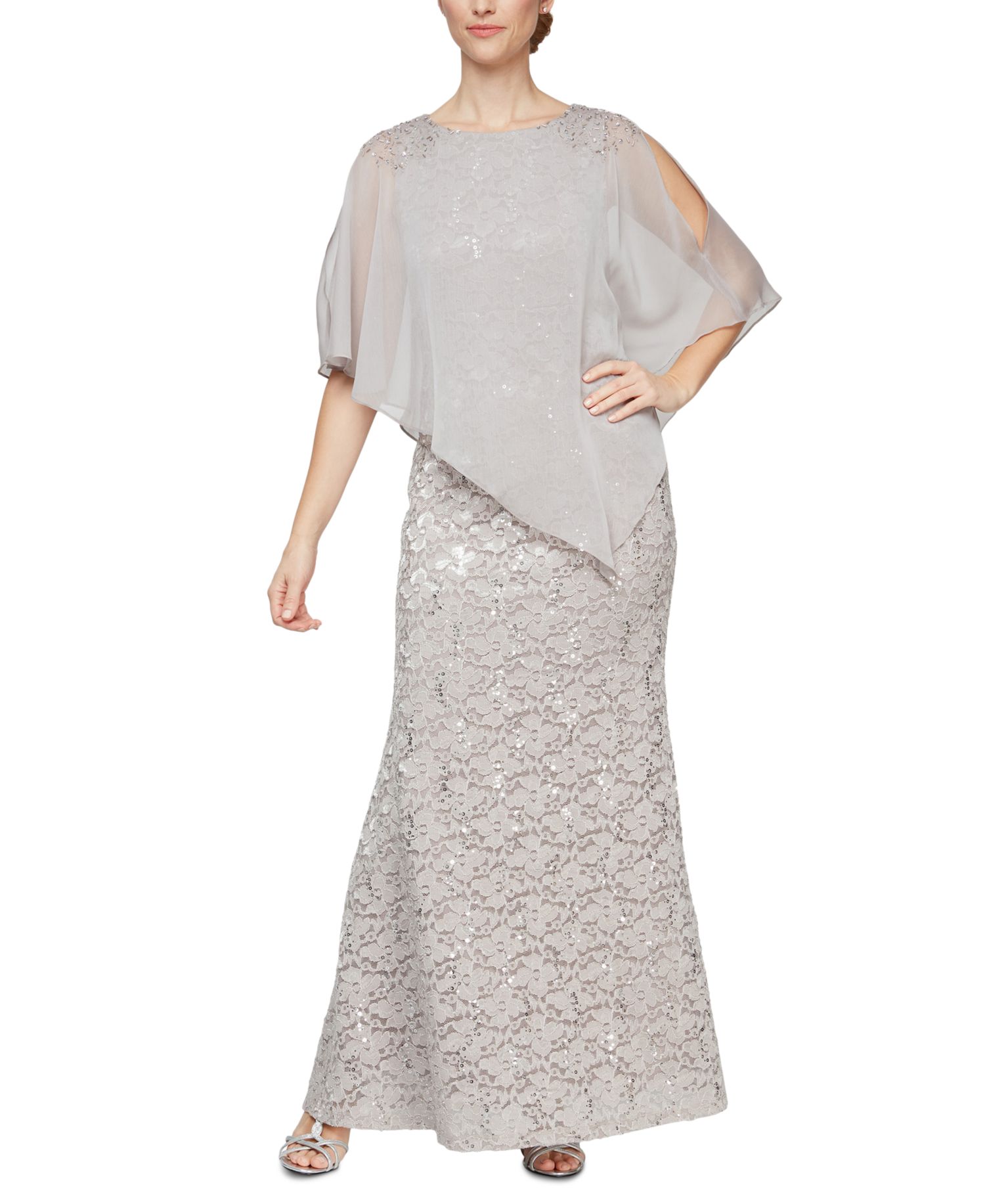 Women's Sequin Lace Chiffon Caplet Gown