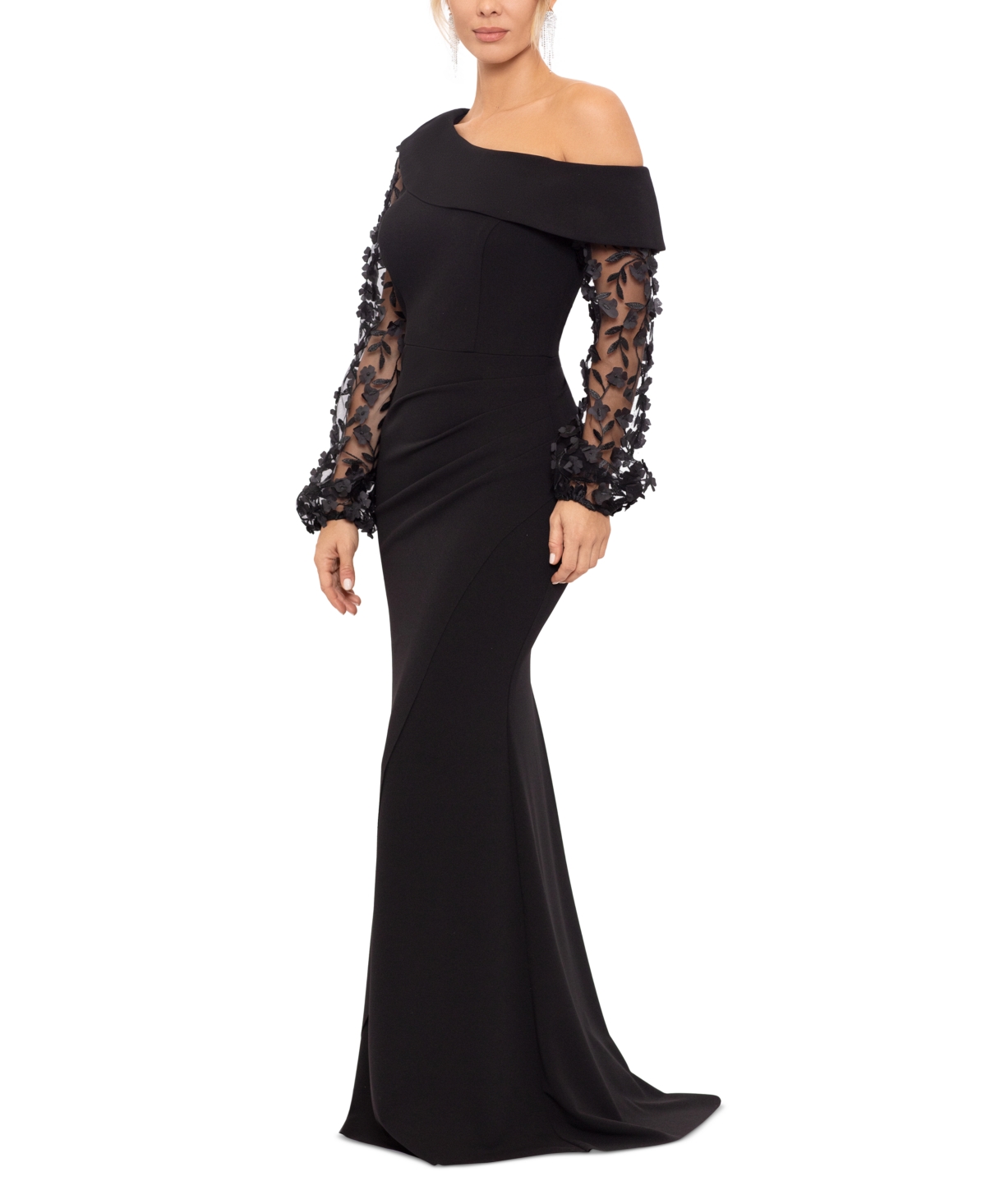 Xscape Women's Off-the-shoulder Floral-sleeve Scuba Crepe Gown In Black