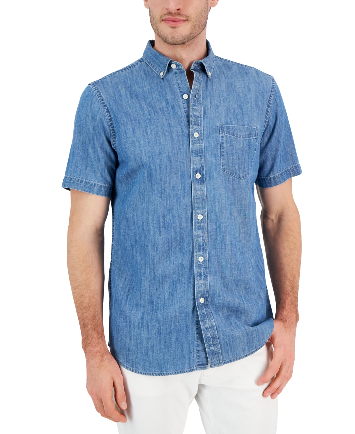 Club Room Men's Chambray Short-sleeve Button-down Pocket Shirt, Created For Macy's In Blue Combo