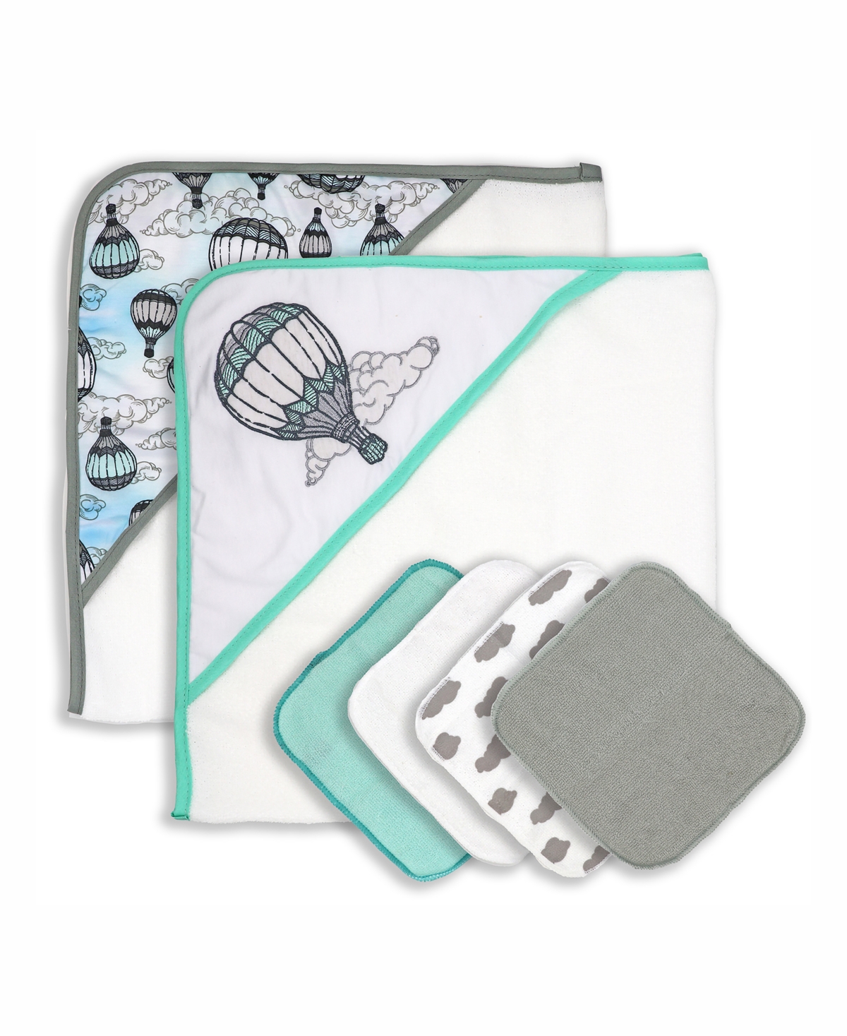 3 Stories Trading Baby Boys Or Baby Girls Hooded Towels And Washcloths, 6 Piece Set In Sea Foam And White