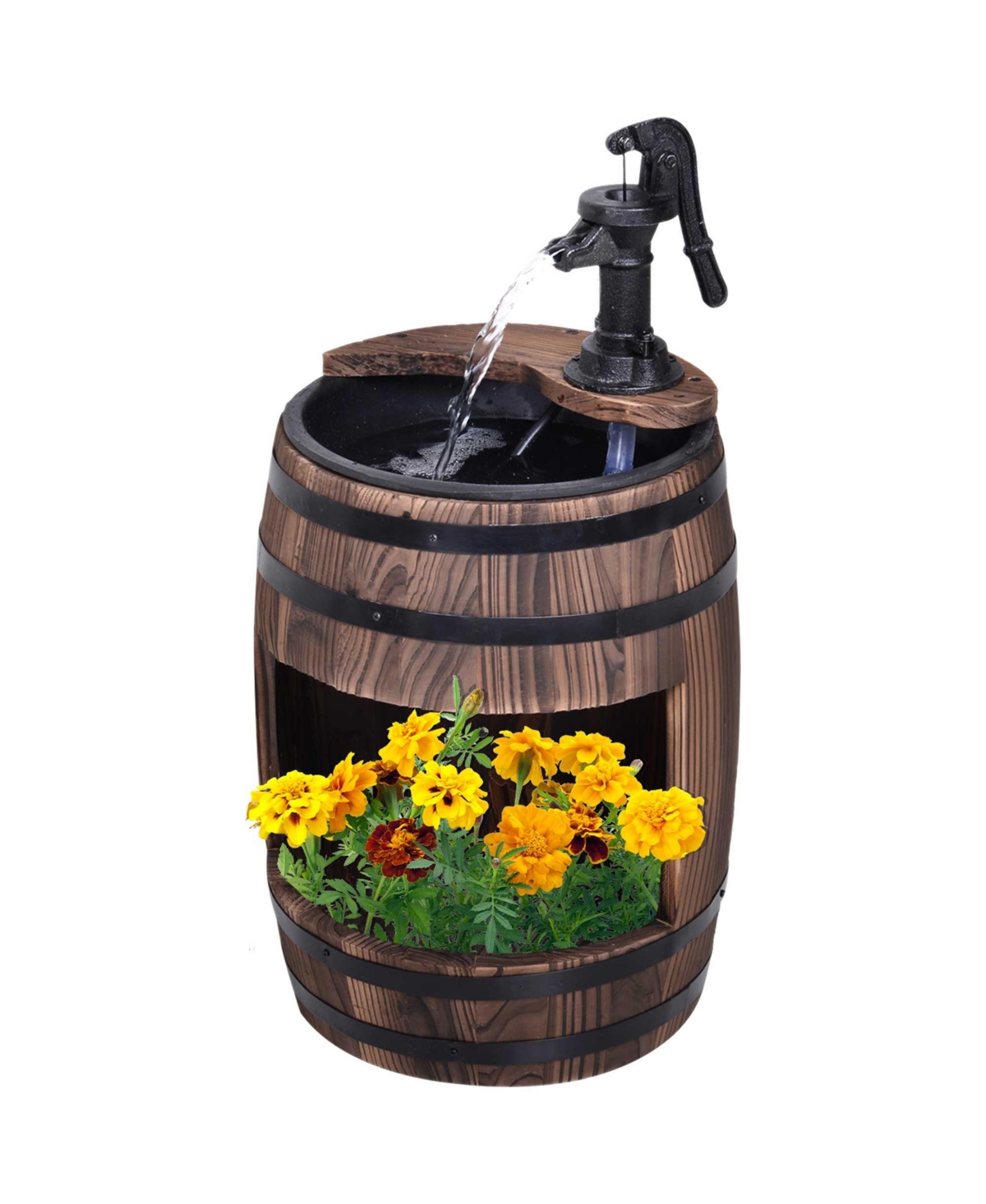 2 Tiers Wooden Water Pump Fountain, Garden Decor, Automatic Pump - Carbonized