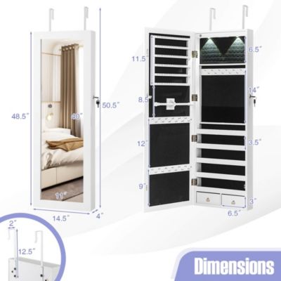 Wall Mount Mirrored Jewelry Cabinet Organizer LED Lights